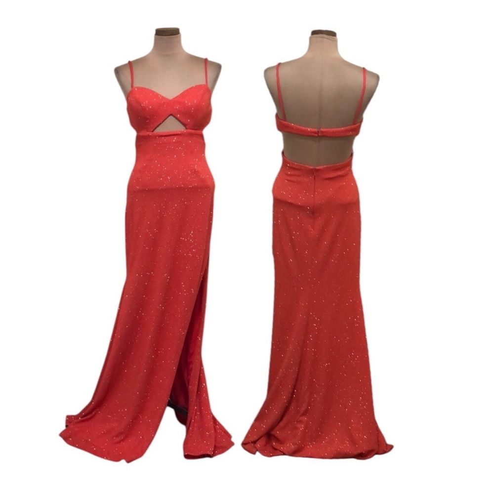 NWT Jovani Marisa Formal Maxi Dress Size 6 Red Gold Glitter Cutout Gown